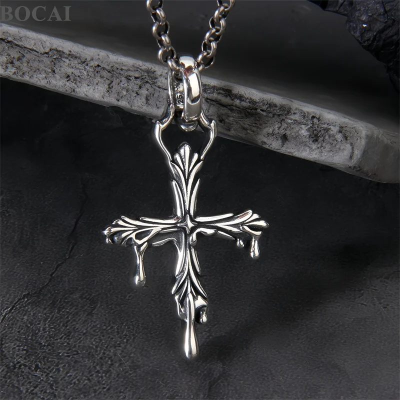 

BOCAI S925 Sterling Silver Pendant for Men Women Antique Silver Finish Irregular Lava Cross Charm Amulet Fine Jewelry Wholesale