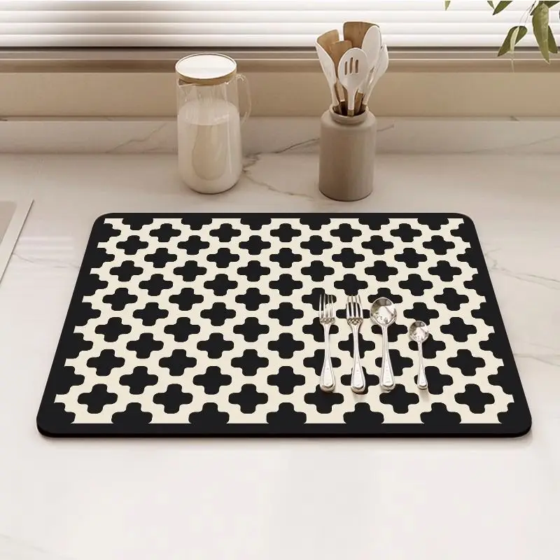 Black White Four Leaf Retro Kitchen Drainage Mat, Anti Slip Coffee Machine Tableware, Protection Mat