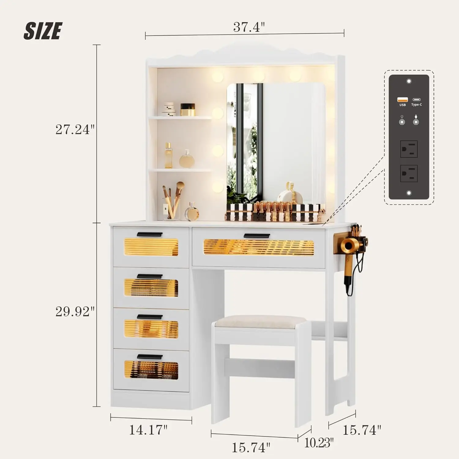 Bedroom Makeup Vanity Desk with Mirror and Lights, White, 5 Drawers, 2 Shelves, 10 Light Bulbs, USB Port, Human Sensor Design view 6