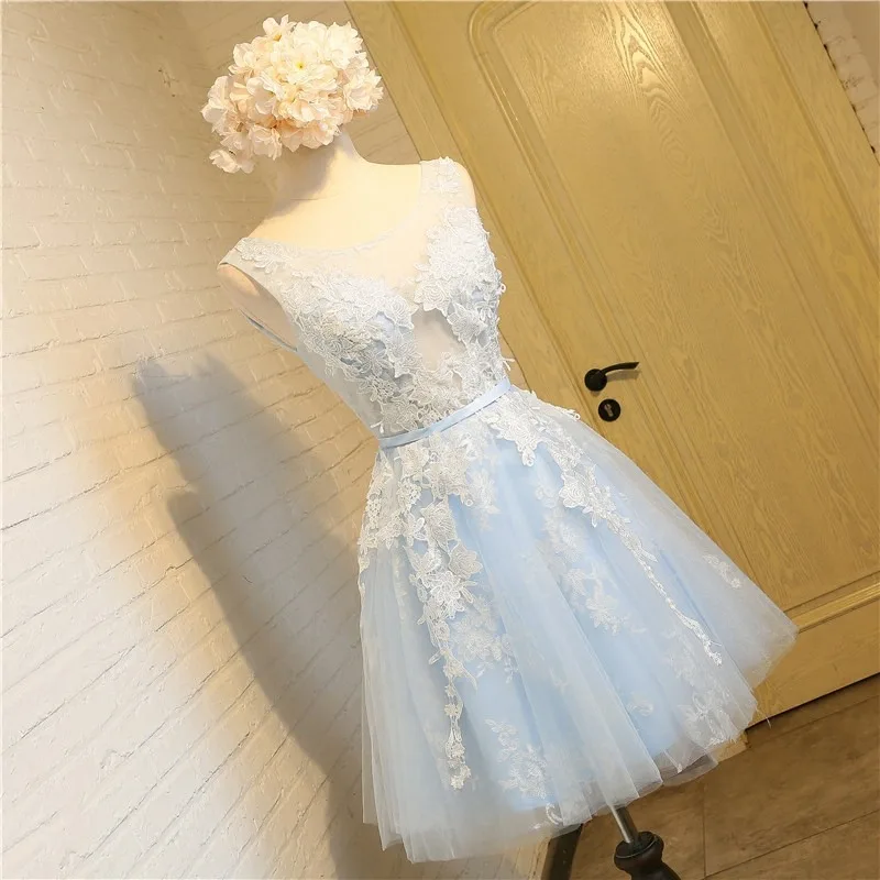 A4133 Customized Blue Short Bridesmaid Dresses Gray Sweet Memory Sleeveless Appliques Lace Tulle Party Wear Dresses for Women