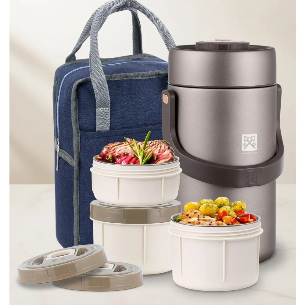 

Вакуумный изолированный пищевой термос из нержавеющей стали на 87 унций с 3 штабелируемыми коробками для бенто и сумкой для обеда для взрослых, горячие и холодные еды