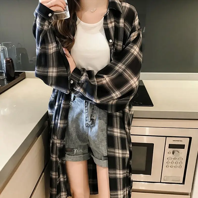 

Women's Plaid Long Shirt Jacket Knee Length Sun Protection Blouse 2025 Spring Summer Korean Loose Casual Top