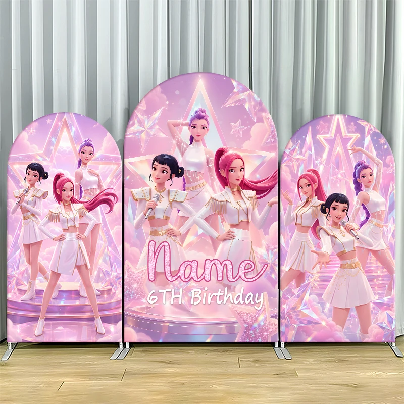 Image of Kpop Demon Hunters Arch Backdrop Cover, individueller Name und Alter, personalisierte rosa Idol-Girls-Geburtstagsparty-Hintergrundabdeckung