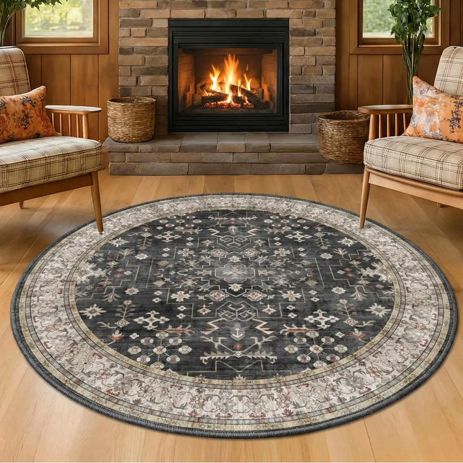 Vintage Charcoal Round Area Rug Medallion Distressed Washable Non Slip Circle Carpet Boho Geometric Living Room Decor