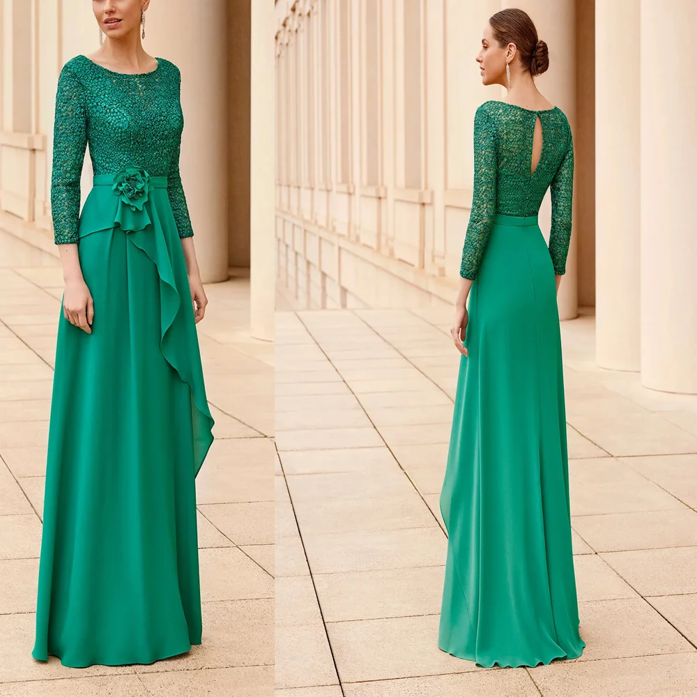 

3/4 Sleeve O-neck Sequins Corset Evening Dress A-line Chiffon Ruffles Floor Length Mother of the Bride Dress Customized