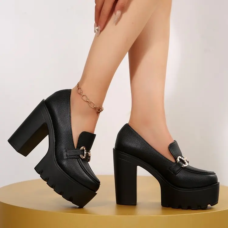 Fashion 12cm Slip on Chunky Heel Loafers for Women Platform High Heels Woman Metal Decoration Banquet Party Pumps Zapatos Mujer