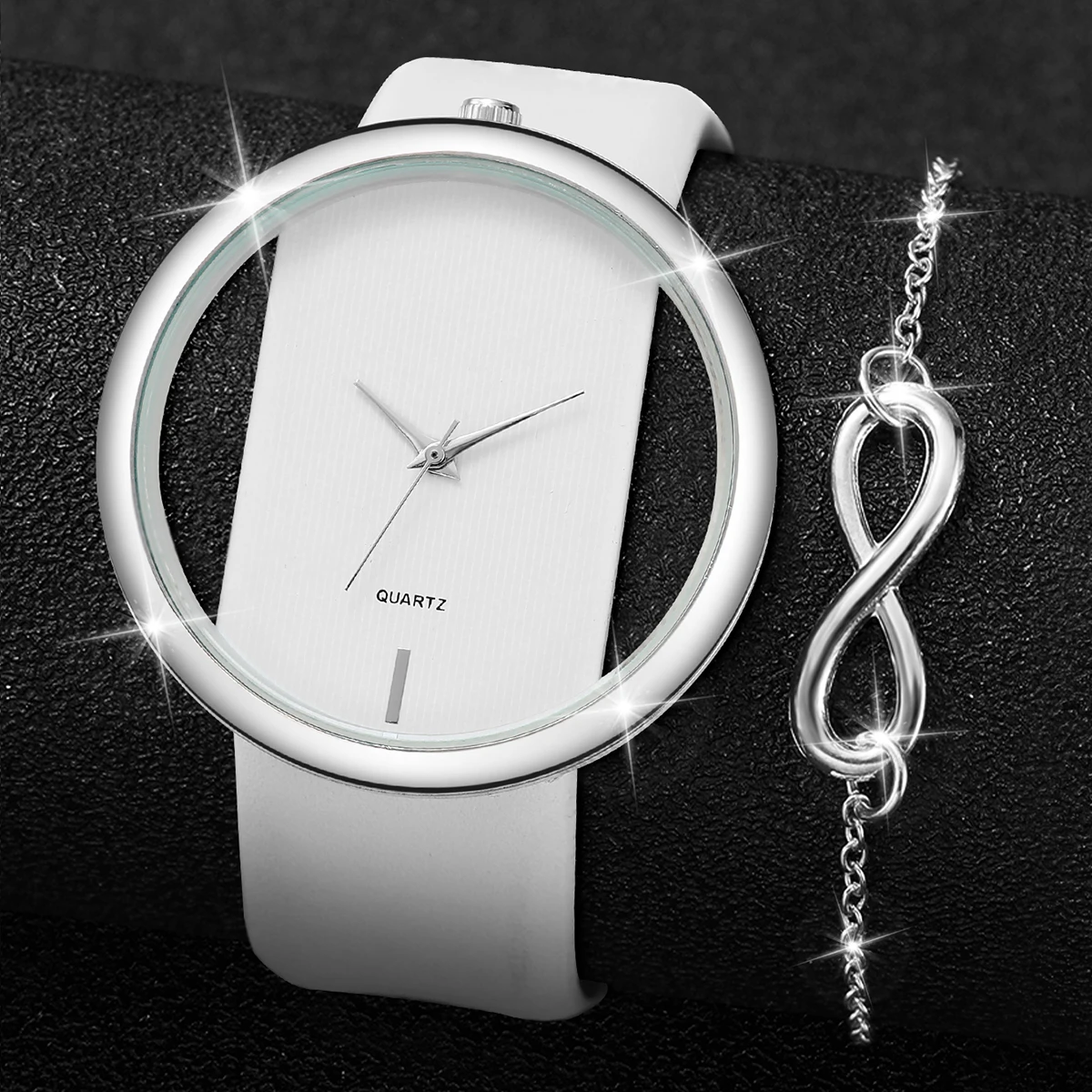 2PCS/Set Fashion Hollow Out Dial Women Watches Leather Band Analog Quartz Watch Silver Bracelet Set