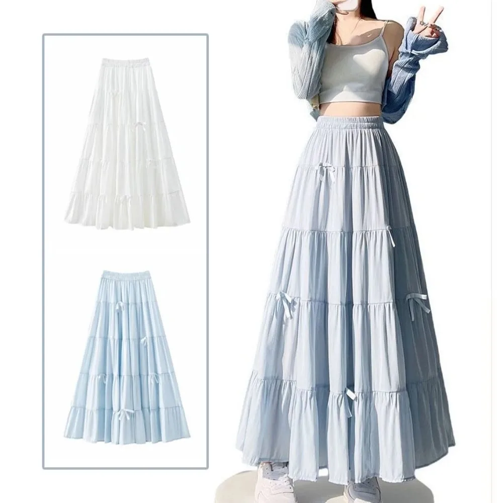 

Bowknot Tiered Midi Skirt Pleated Hight Waist Long Cake A-line Skirts Chic Korea Style Seven Point Long Dress Korea Style