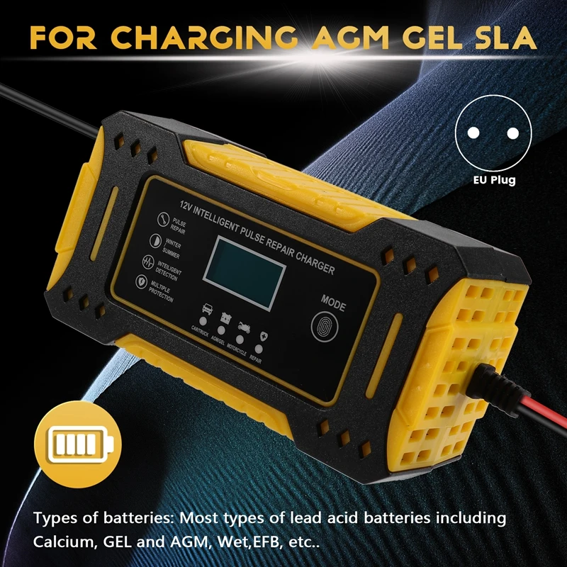 Car Battery Charger 12V 6A Pulse Repair Fast Power Charging Wet Dry Lead Digital LCD Display Car Accesorries EU Plug
