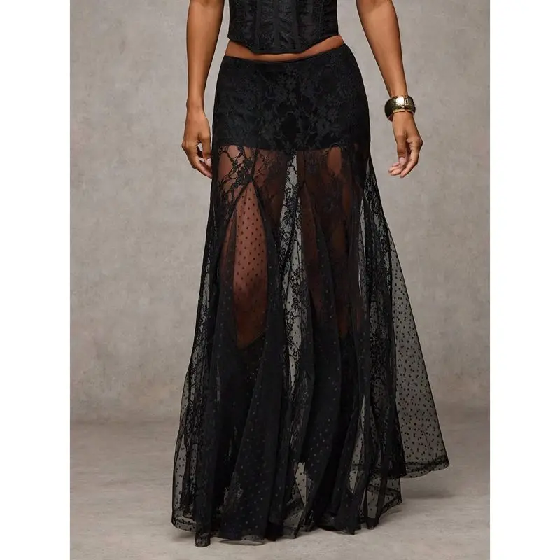 

Combhasaki Women Summer Vintage Elastic High Waist Floral Lace Patchwork See-through Sheer Mesh Swing Flowy A-line Long Skirts