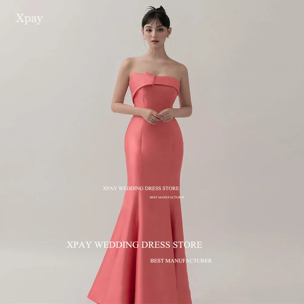 XPAY Elegant Pink Korea Mermaid Wedding Dress Strapless Satin A Line Photos Shoot Dress Sweep Train Corset Bride Reception Gowns