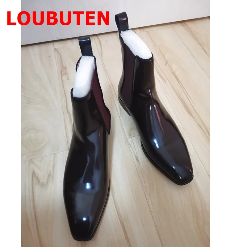 LOUBUTEN Brown Patent Leather Chelsea Boots Shining Real Leather Ankle Boots Spring Autumn Motorcycle Boots For Men