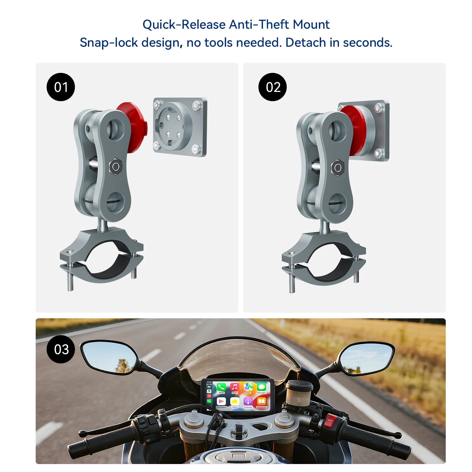 Spedal CL871P- 6.25" 오토바이 CarPlay 및 Android 자동 화면 퀵 릴리스 도난 방지 마운트 +TPMS 및 전신 방수, GPS