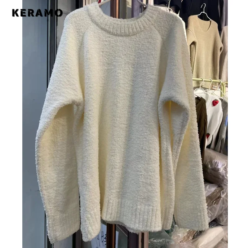 2024 Spring Casual Knitting Long Sleeve Round Neck Pullovers For Women Vintage Knitwear Loose Fit Solid Color Sweater Top