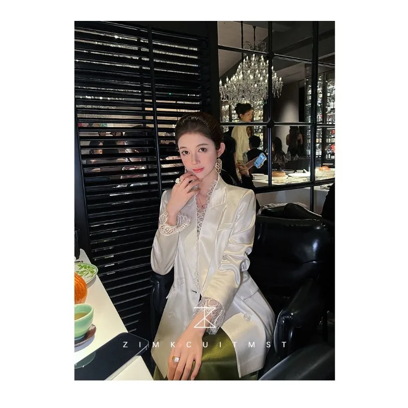 2026 ربيع جديد وصول تصميم الدانتيل الربط الشيفون السترة للنساء فضفاضة تناسب الأبيض المرأة السترة أعلى مزدوجة الصدر سترة #6