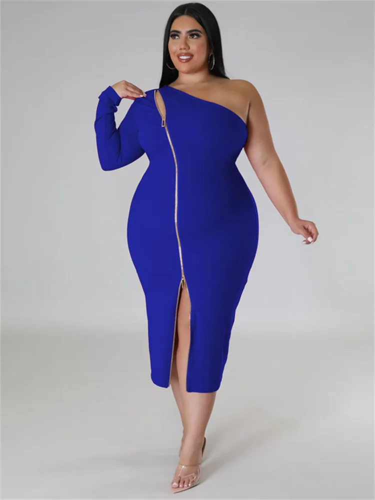 Wmstar-Vestido Maxi de Manga Única Feminina, Vestidos Plus Size, Elegante, Sólido, Zíper Sexy, Roupas de Verão, Atacado, Dropshipping, Novo