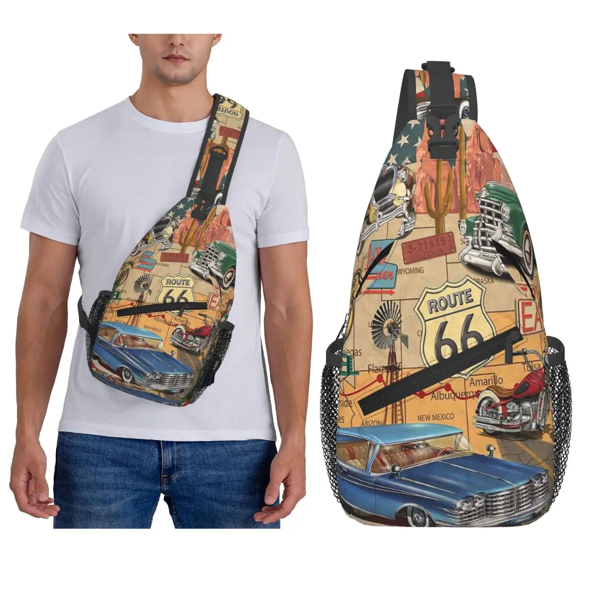 

Route 66, байкерская мотоциклетная круизная дорожная нагрудная сумка, мужской рюкзак через плечо на слинге, нагрудная сумка, дорожный походный рюкзак, сумка на плечо