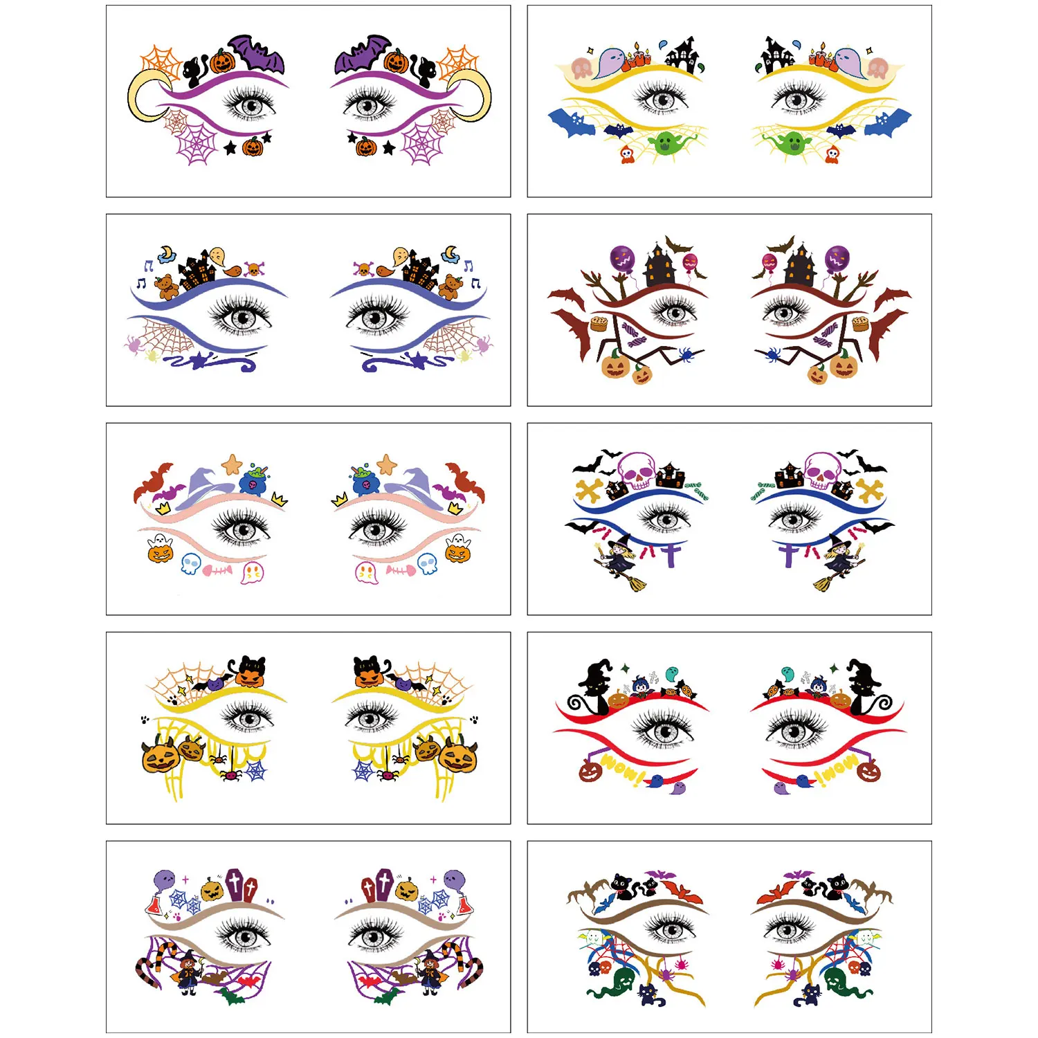 10 Sheets, Colorful Halloween-Themed Temporary Face Tattoos, Fake Tattoo Stickers for Face, Eyes, Eyebrows, and Eyelashes, Waterproof Realistic Art Temporary Makeup Tattoos Suitable for Parties
