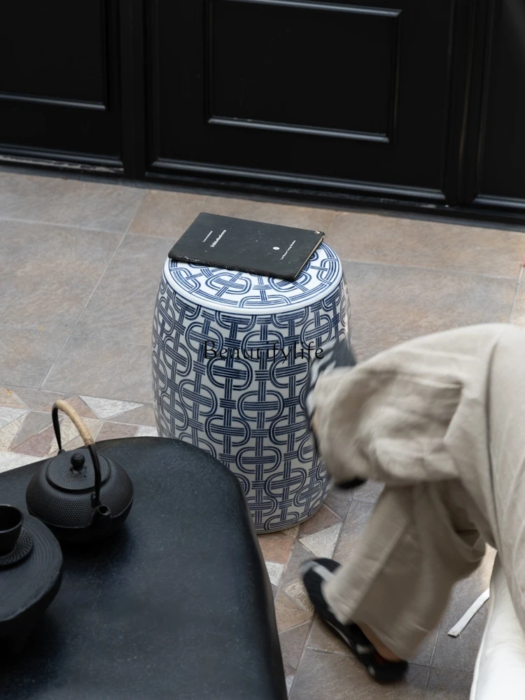 Light Blue and White Porcelain Stool with Ceramic Side Table Booth