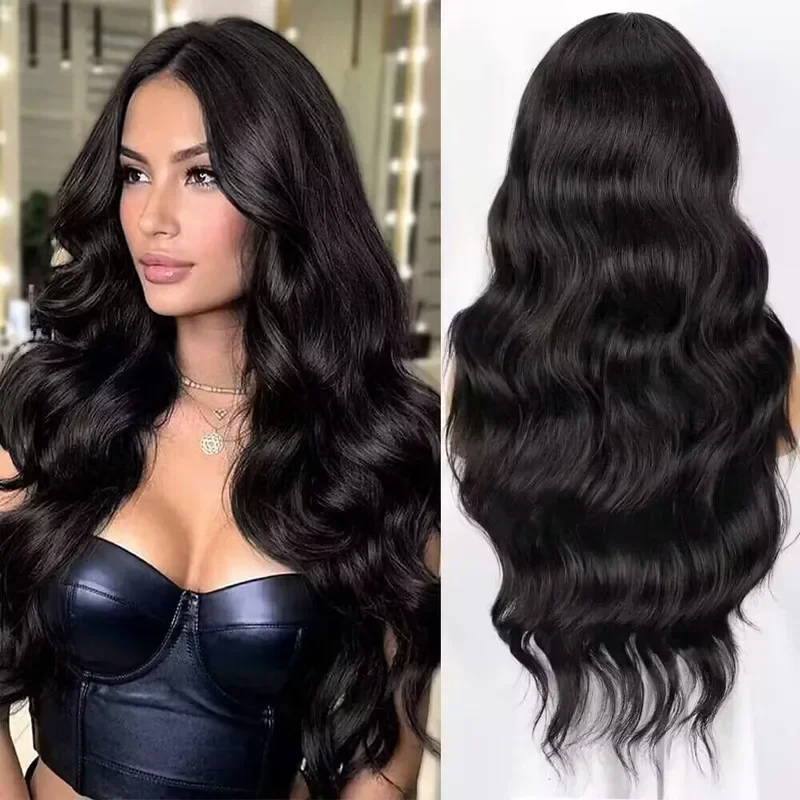 oneNonly Good Quality Synthetic Wigs Hair for Women Long Wave Black Wig Daily Natural Party Cosplay Heat Resistant Fiber