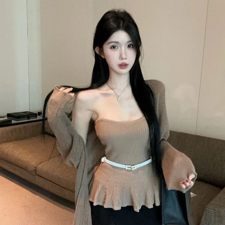 

Ele Off-oulder Ruffle Hem Tube Top Sweater Belt Tee-Piece Set Autumn Winter Faion Women's Ensemble Long Sve Comm...