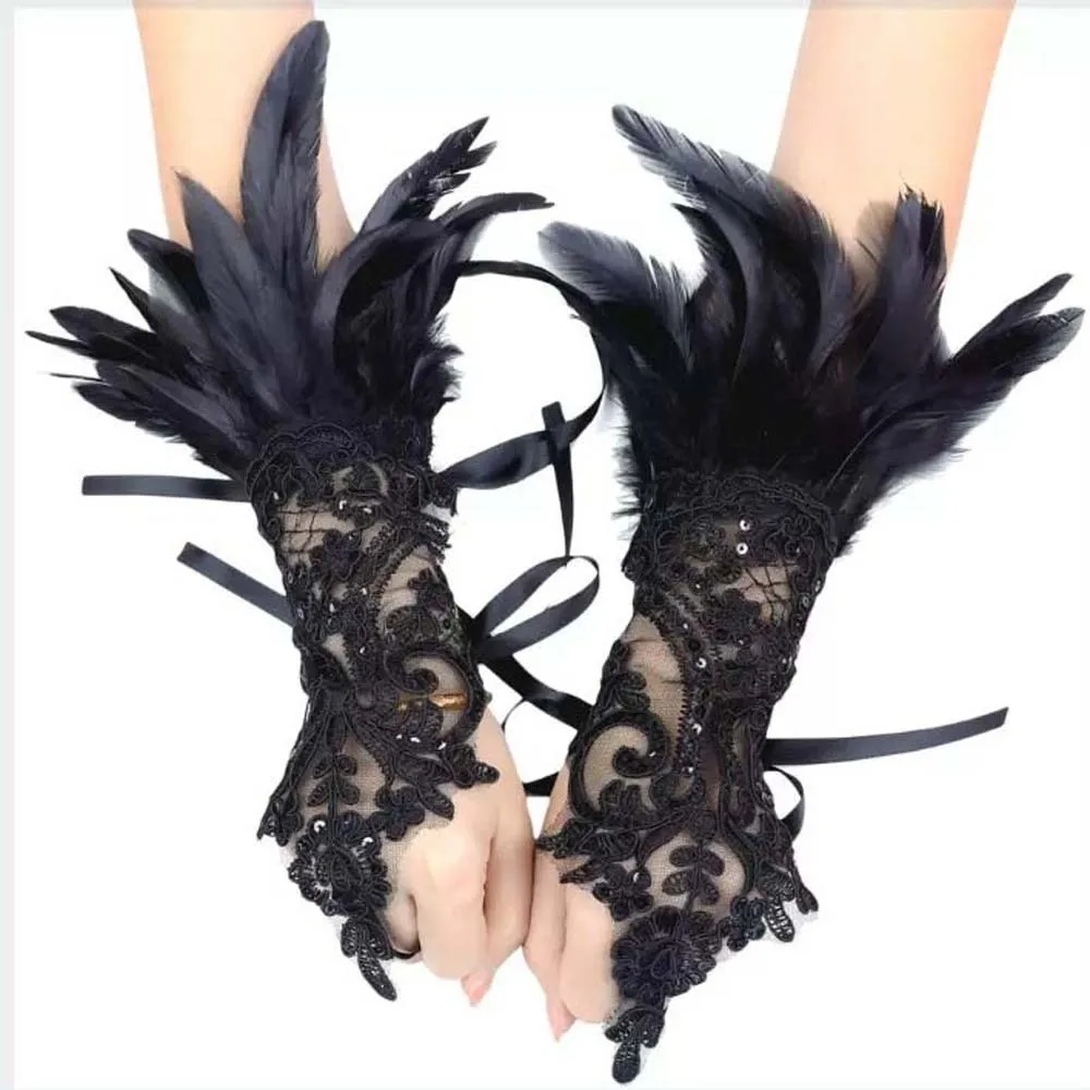 

Creative Wristband Halloween Feather Gloves Embroidery Gothic Feather Lace Glove Dark Retro Women Halloween Cuffs Party Supplies