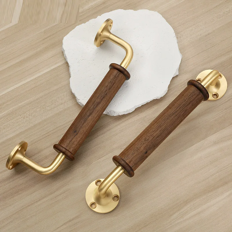French Style Light Luxury Black Walnut Cabinet Door Handle Cabinet Wardrobe Wooden Door Handle Brass Base Exposed Door Handle
