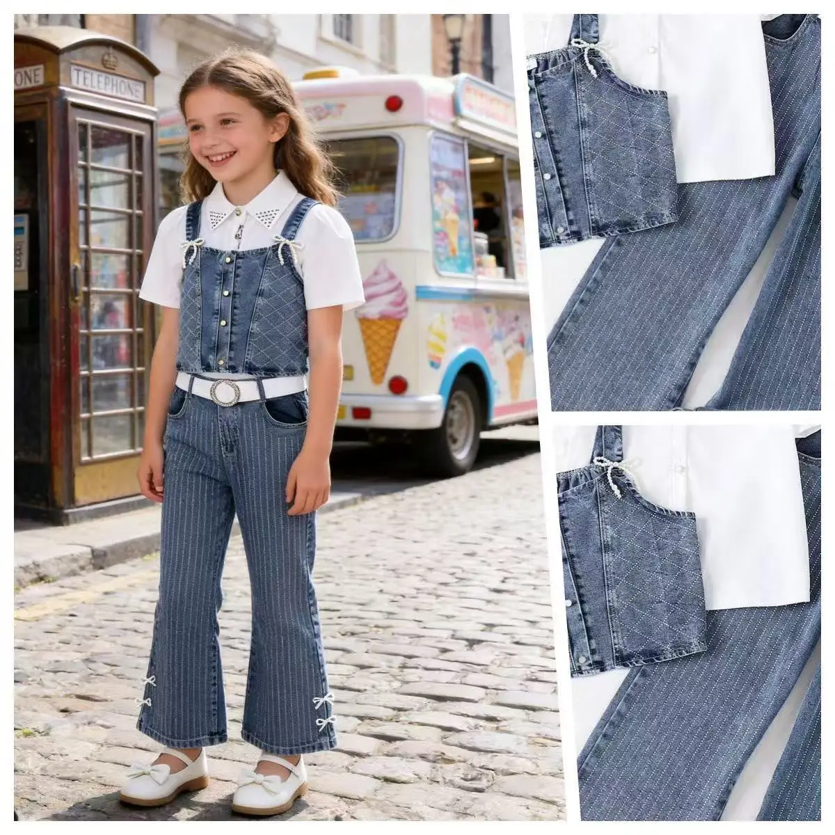 

Spring Summer Girls Denim Three Piece Set White Shirt Denim Vest Straight Pants Pearl Bow Spot Kids Outfit for 8-12Y