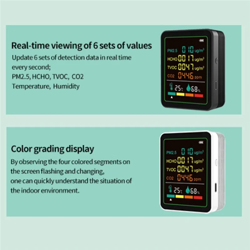 FFYY-MT07WT 6 في 1 المحمولة PM2.5 تستر داخلي مراقبة جودة الهواء HCHO TVOC CO2 جهاز قياس درجة الحرارة والرطوبة المنزلية الأسود
