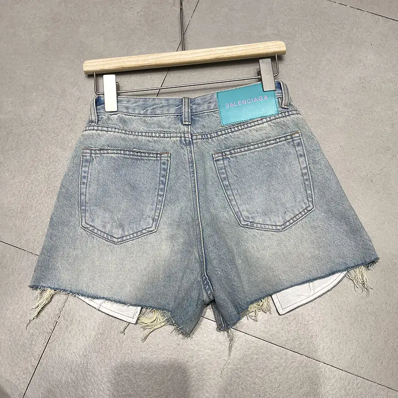 High Street Female Hit Color Patchwork Ripped Denim Shorts Women New Summer High Waist Casual Loose Wide Leg Short Jeans