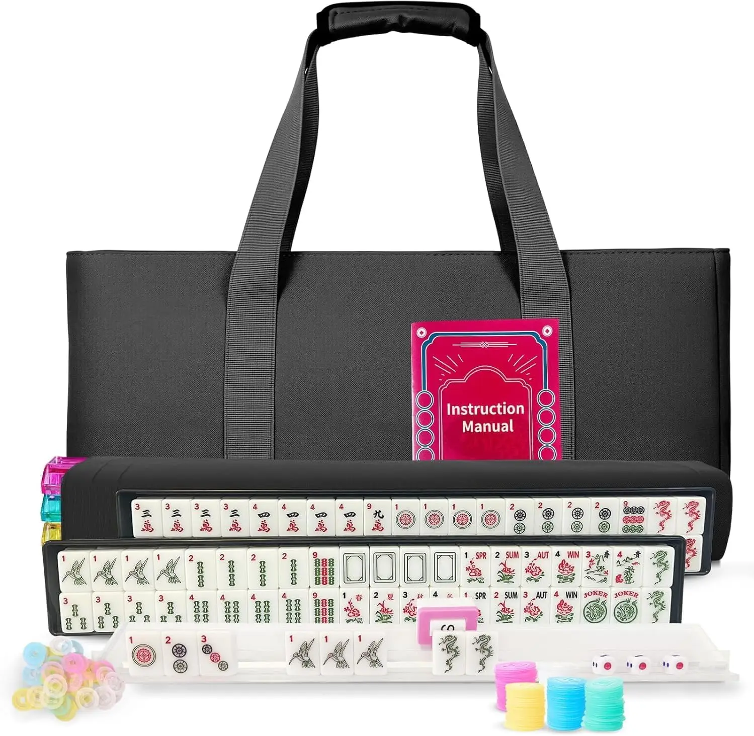 

American Mahjong Set with 166 White Tiles, Racks, Dice, Chips & Bag
