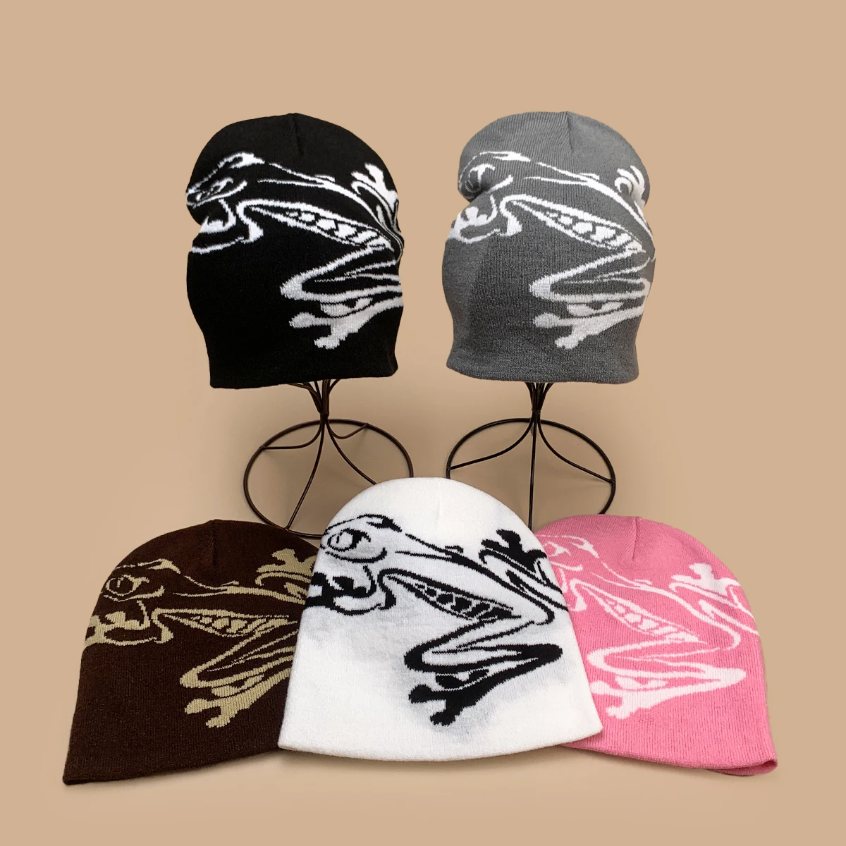 Niche Street Jacquard Jumping Frog Knitted Hats New Men Women Warm Personal Versatile American Color Block Fashion Retro Beanies