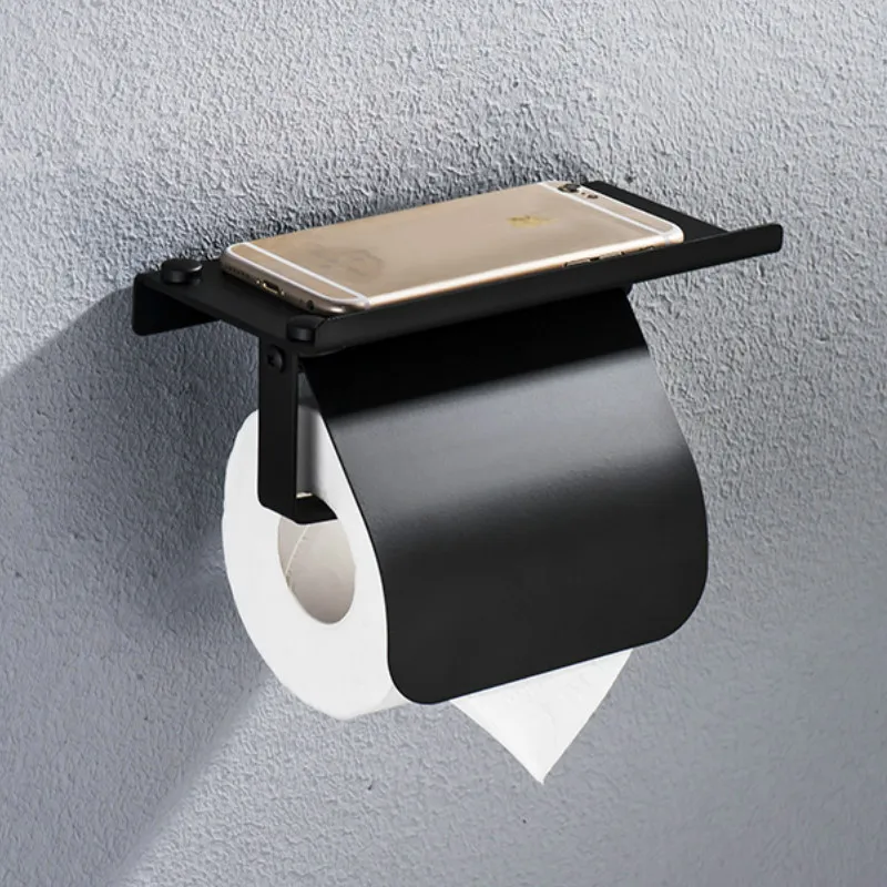 Black Bathroom Paper Towel Holder Stainless Steel Wall Mount with Phone Shelf Roll Bathroom Fixture Bathroom Accessories