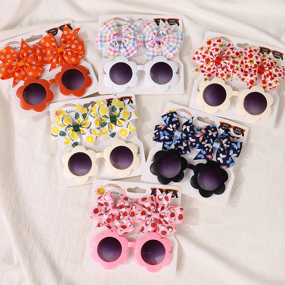 3Pcs/set Kids Cute Solid Dot Hairpin Colorful Heart Sun Glasses Set Girls Boutique Bowknot Hair Clips Children Hair Accessories