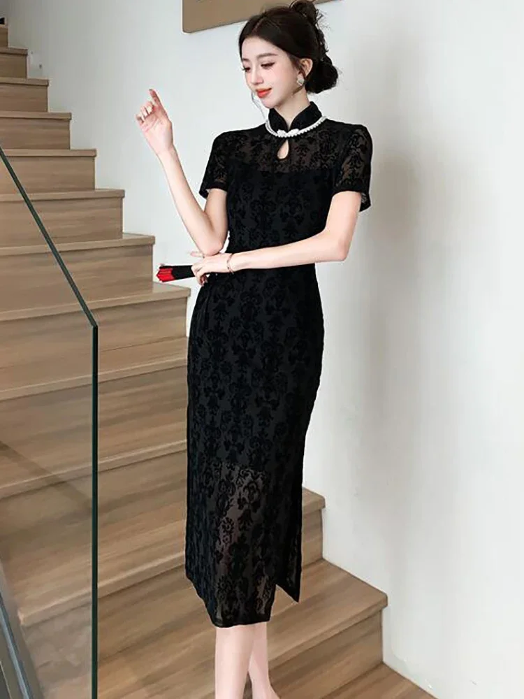 Black Jacquard Elegant Party Dresses Woman Summer Short Sleeve Chic Sheer Beading Luxury Long Dress 2024 Korean Vintage Vestidos