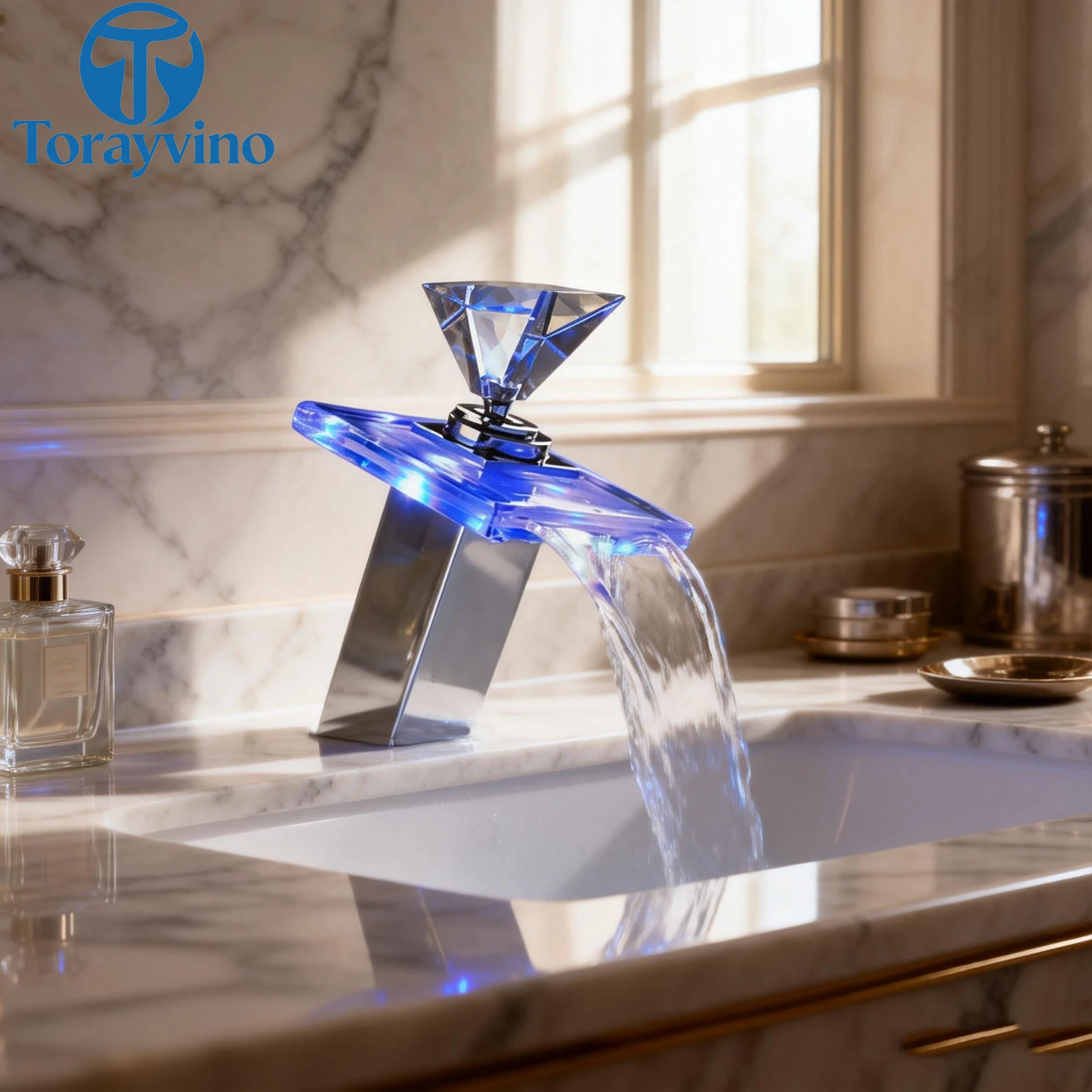 Torayvino LED Light Deck Mounted Bathroom Faucet Waterfall Basin Tap Glass Spout Mixer Taps Chrome Single Hole Handle Faucets