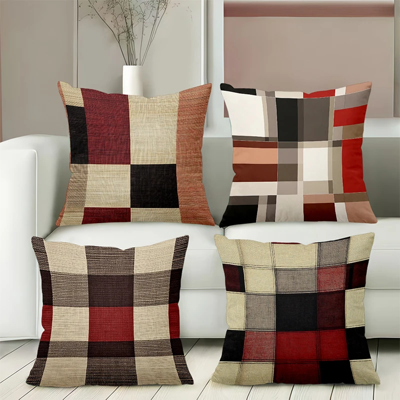 Patchwork Plaid Pattern Decorative Throw Pillow Cover 2D Printed Polyester Sofa Cushion Case for Modern Home Decor