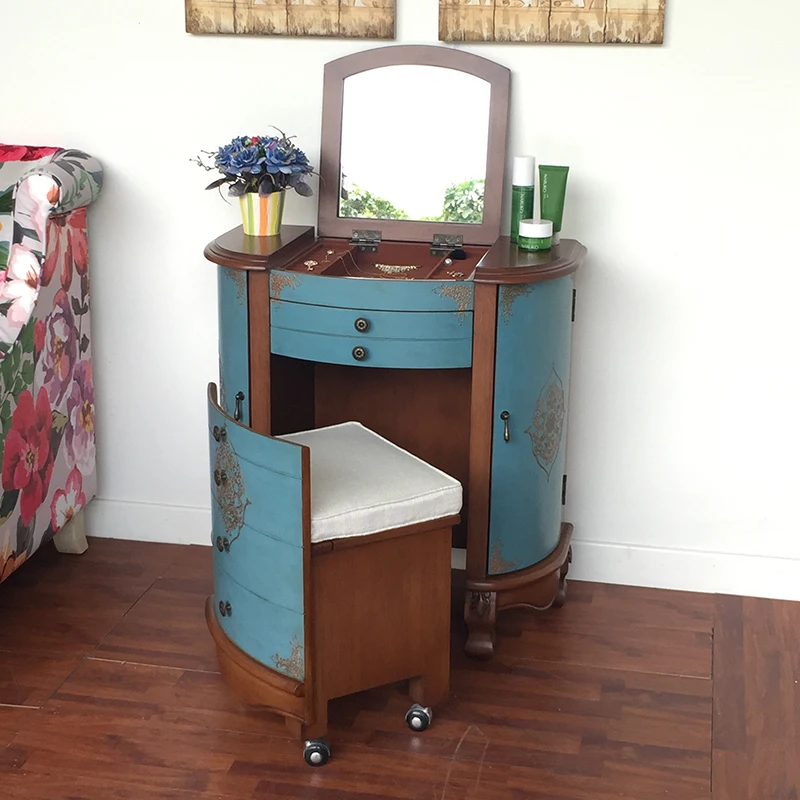 

Luxury Hidden Vanity Table Dest Natural Wooden Corner Drawer Makeup Vanity Desk Mirror Vintage Coiffeuse Chambre Home Furniture