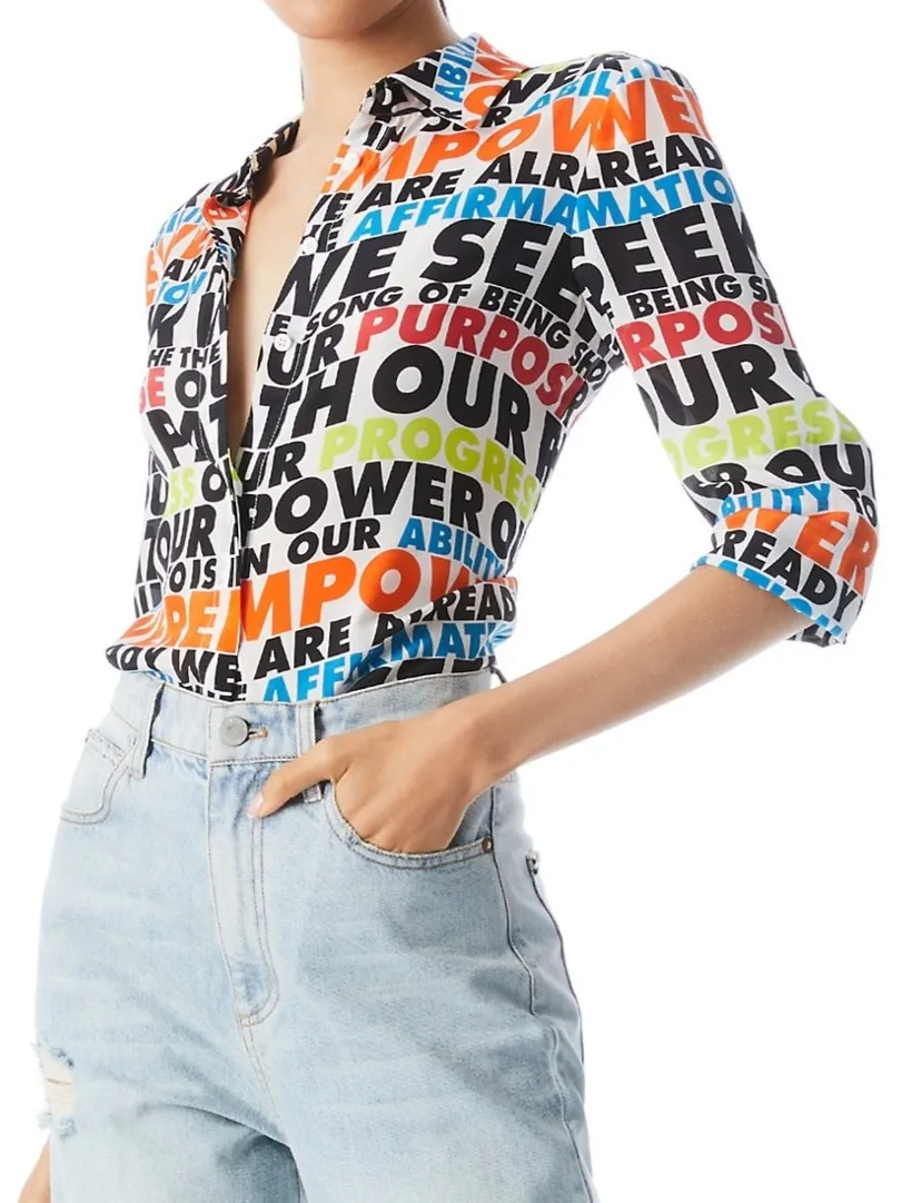 

Women's 100% Silk Fashion Shirt Colorful Letter Print Turn-down Collar Long Sleeve Single Breasted Loose Ladies Blouse Top