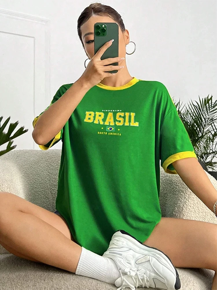 New Summer Women Fashion T-shirt Brasil Flag Printing O-Neck Tops Tees Female Casual Short Sleeve Clothing Ladies Stylish Outfit