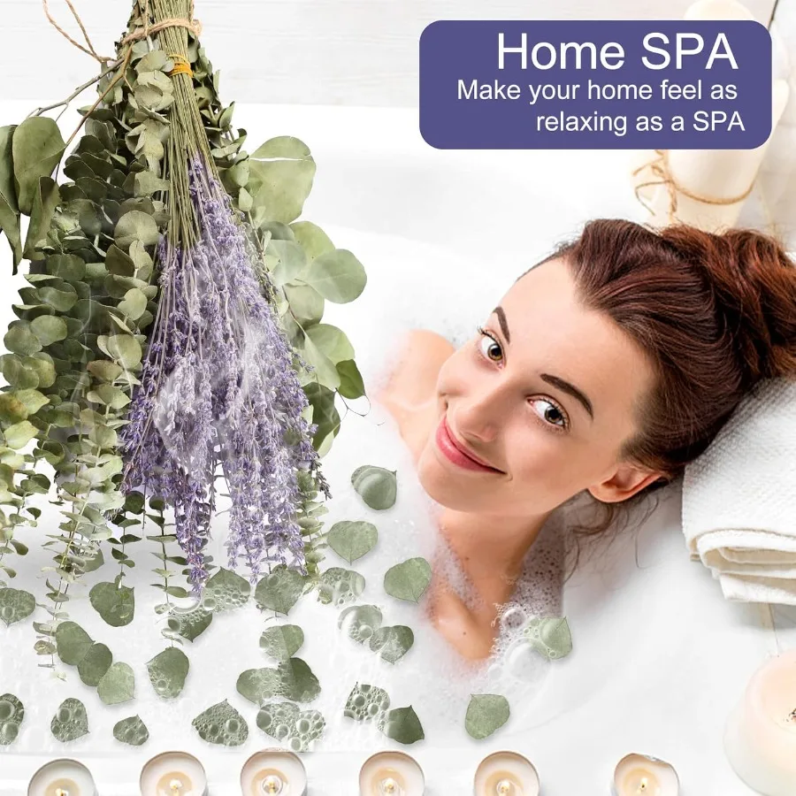 ก้านยูคาลิปตัสแห้งผสมดอกลาเวนเดอร์สำหรับอาบน้ำ 120 ชิ้น ขนาด 17 นิ้ว ใบเงินแท้ขนาดใหญ่ กิ่งไม้สดแขวนตกแต่ง