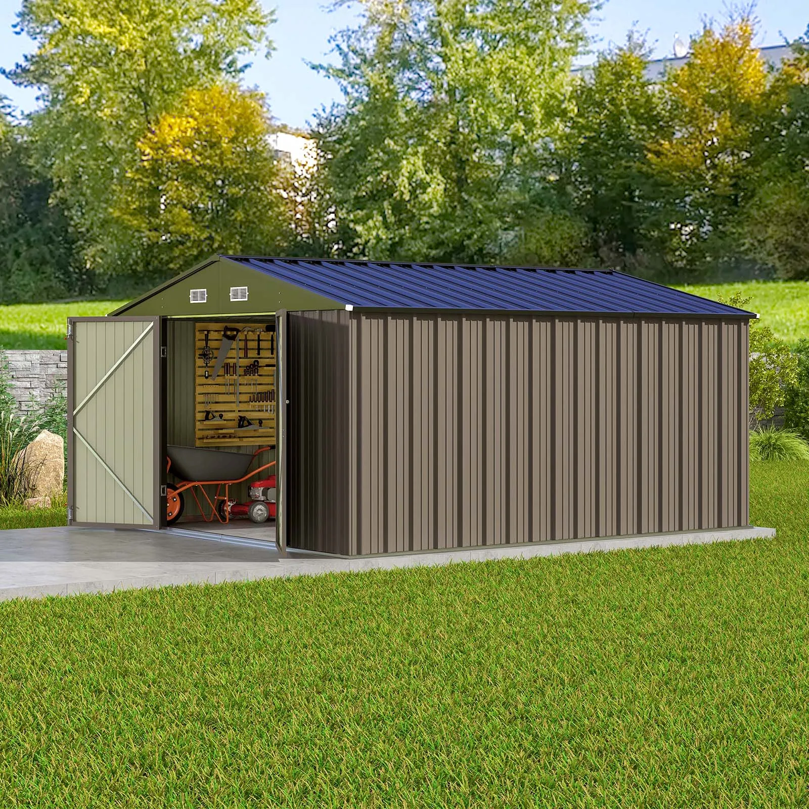 10x12 FT Metal Storage Shed for Outdoor, Steel Yard Shed with Design of Lockable Doors, Utility and Tool Storage for Garden