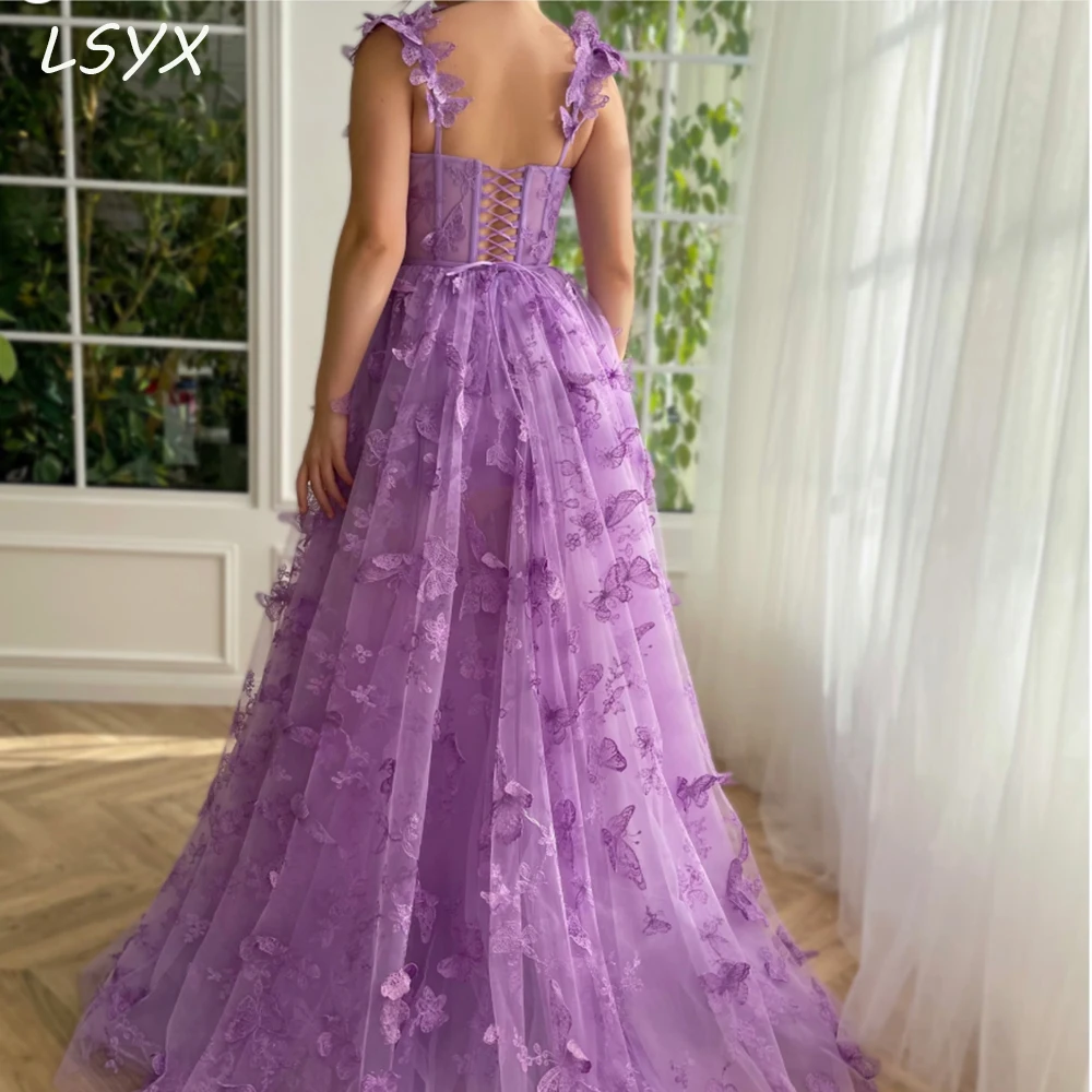 LSYX Spaghetti Straps Flower Evening Gown For women 2023 Lace Appliques Split A Line Backless Simple Prom Dress Robes De Soiree