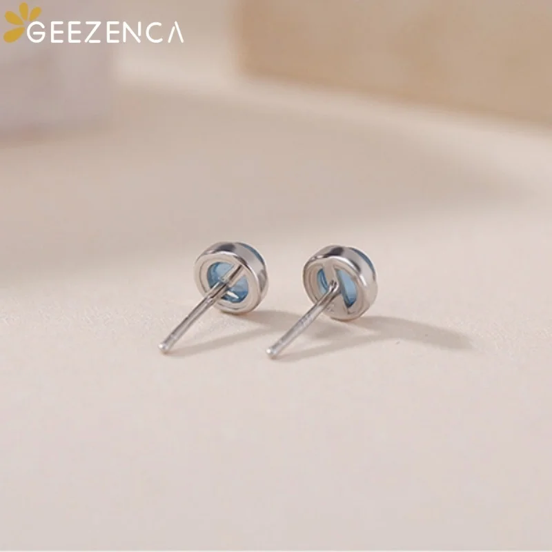 GEEZENCA Blue Aquamarine 925 Silver Round Women Stud Earrings Dainty Stackable Small Huggie Flat Back  Earring Lightweight Gift