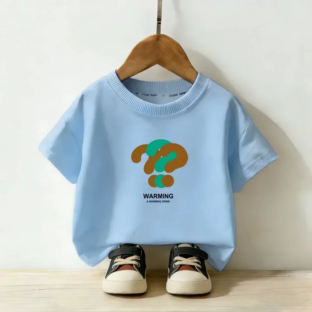 Kids Fashion Black Short Sleeve T Shirt Hip Hop Spliced Question Mark Warming Letter Print Boys Summer Versatile Basic Tee