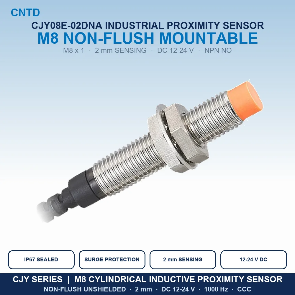 M8 Inductive Proximity Sensor CJY08E-02DNA NPN NO 3-Wire Non-Flush Unshielded 2mm IP67 Metal Detection Switch DC 12-24V 1000Hz