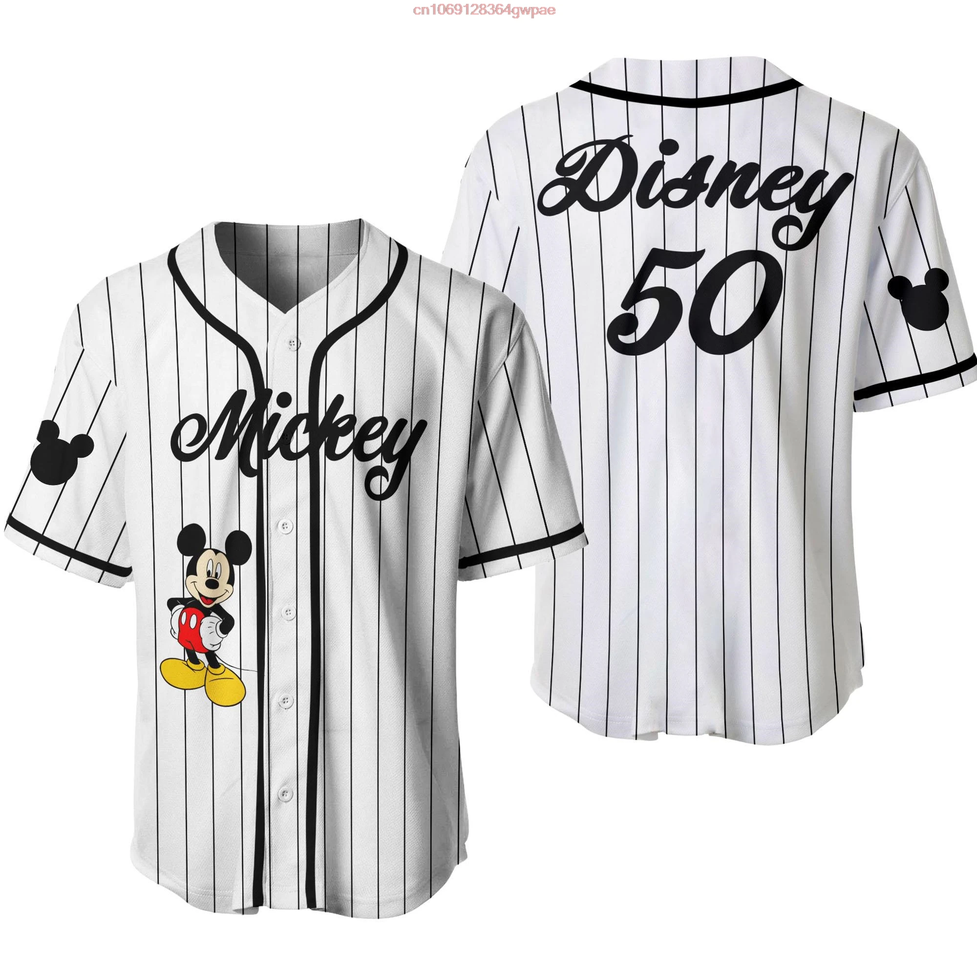 Camisola de Beisebol Disney Mickey Masculina e Feminina, Camisa Manga Curta, Tops Uniformes da Moda, 50 ° Aniversário