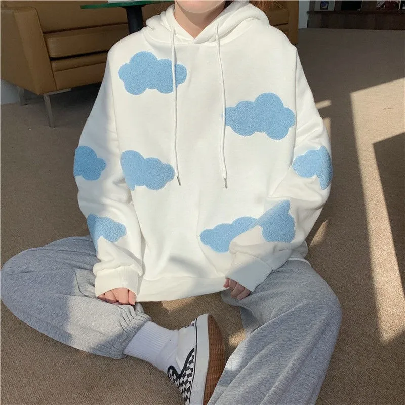 Autumn Winter Women Long Sleeve Casual Pullover Blue Sky White Clouds Soft Hooded Tops Y2k Lady Sweater Jumper Loose Sweatshirt