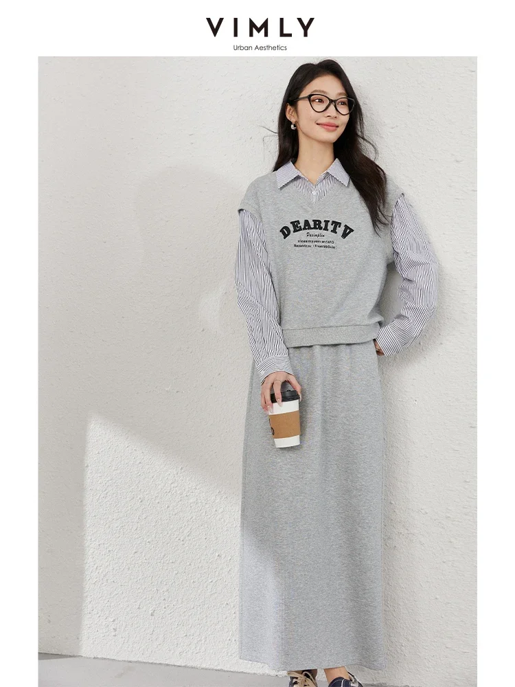 VIMLY Frauen Casual Röcke Set 2025 Frühling Einfache Oansatz Gefälschte 2PCS Sweatshirt Elastische Taille Schlitz Rock Büro Dame Kleidung set