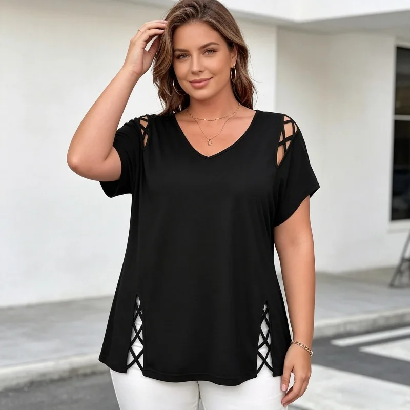

Plus Size Large Casual Hollow Out Loose V-neck Women's Short Sleeved T-shirt Summer New Versatile Solid Color Pullover T-shirt